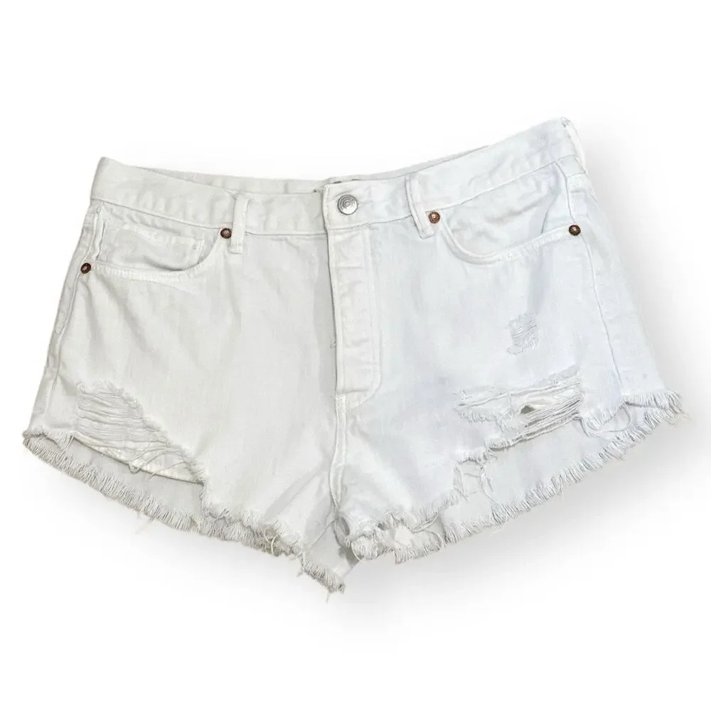 We The Free People Womens 30 White Cutoff Shorts Button Fly Denim Boho Festival